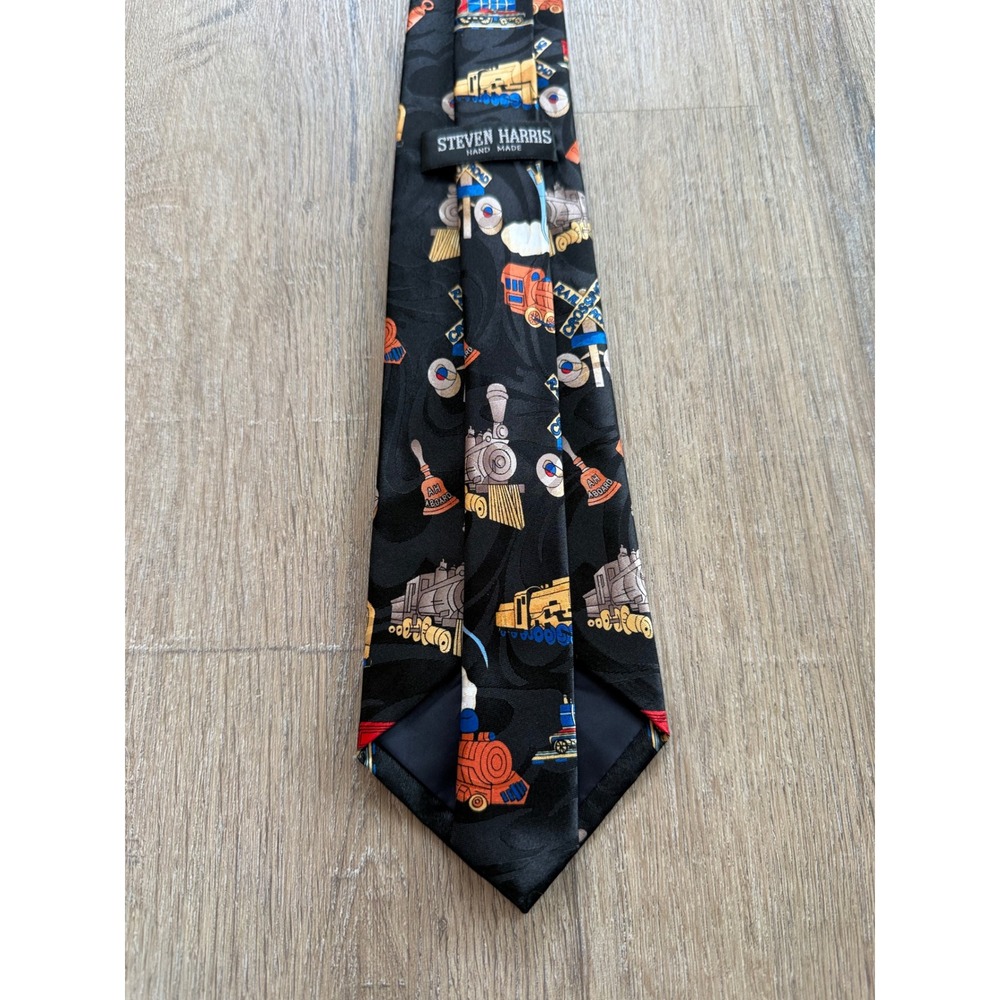 Steven Harris Mens Locomotive Train Railroad Novelty Tie Black Handmade - Picture 5 of 8